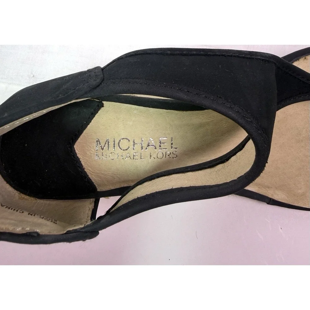 Michael Kors Black Leather T Strap Espadrille Wedge Sandals Womens Size‎ 7.5M